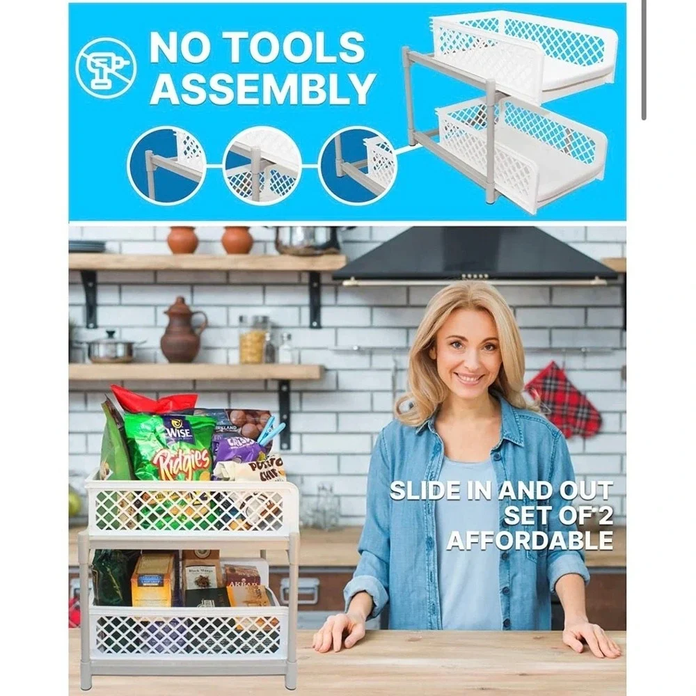 Skywin 2-Tier‎ Sliding Cabinet Pull Out Organizer, White Plastic Storage Drawers